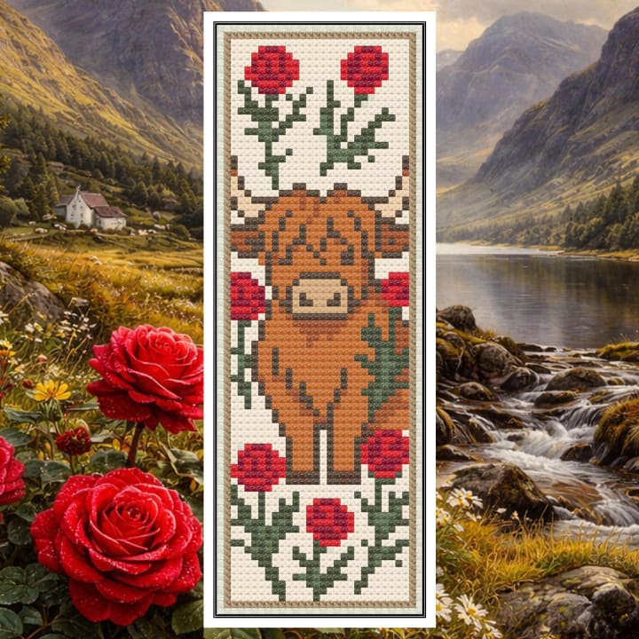 Scottish Highland Cow & Roses Bookmark cross-stitch pattern preview