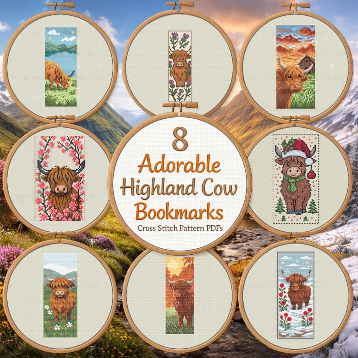 Scottish Highland Cow Bookmark Bundle – 8 Cross Stitch Bookmark Patterns cross-stitch pattern preview