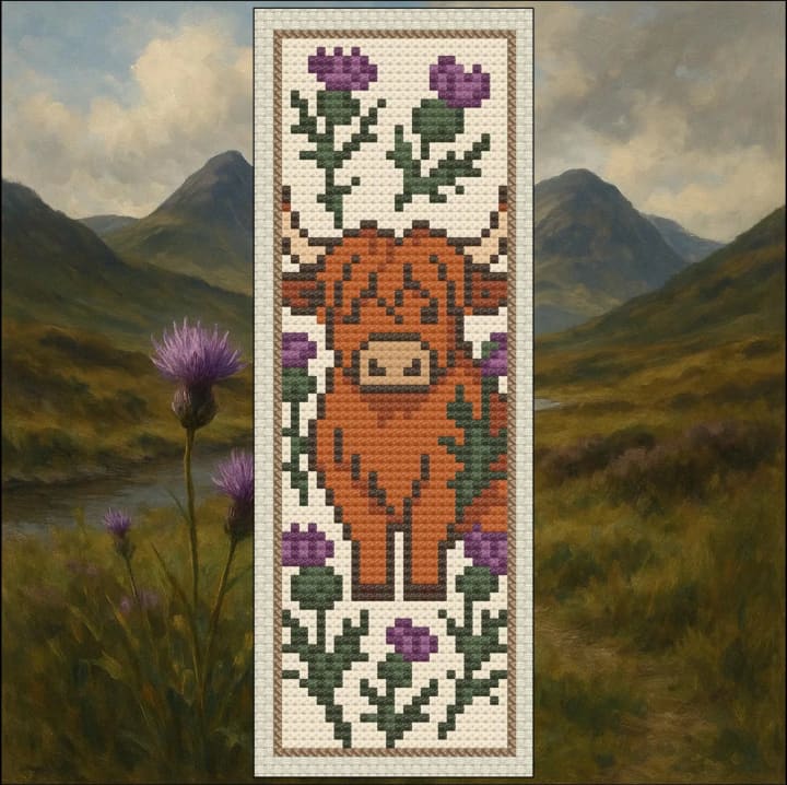 Scottish Highland Cow Bookmark cross-stitch pattern preview