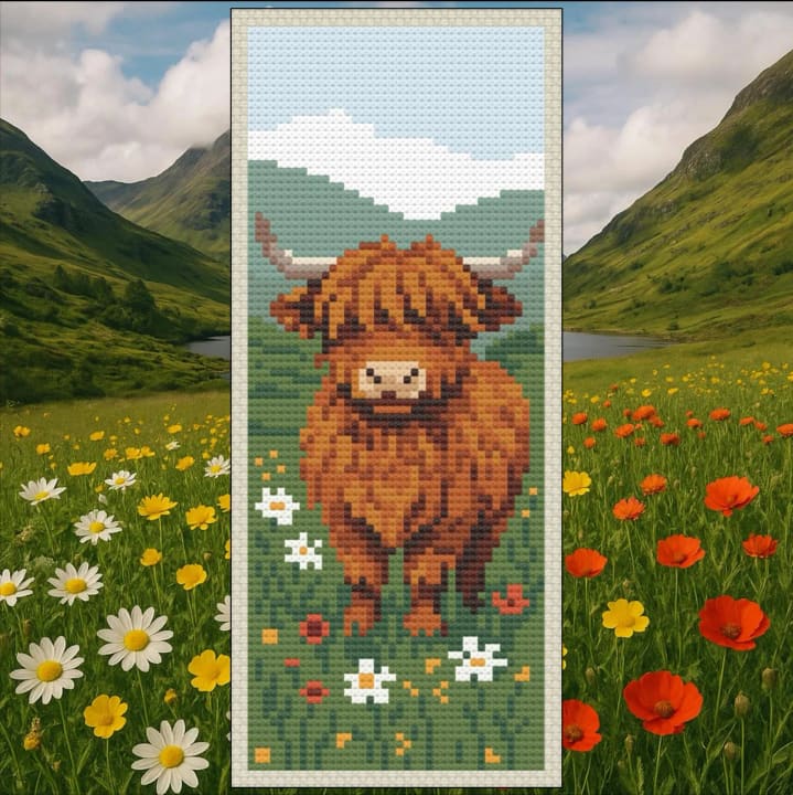 Scottish Highland Cow Landscape Bookmark cross-stitch pattern preview
