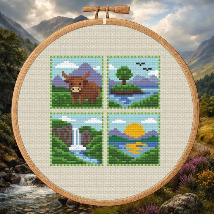 Scottish Highlands Sampler – Highland Landscape cross-stitch pattern preview