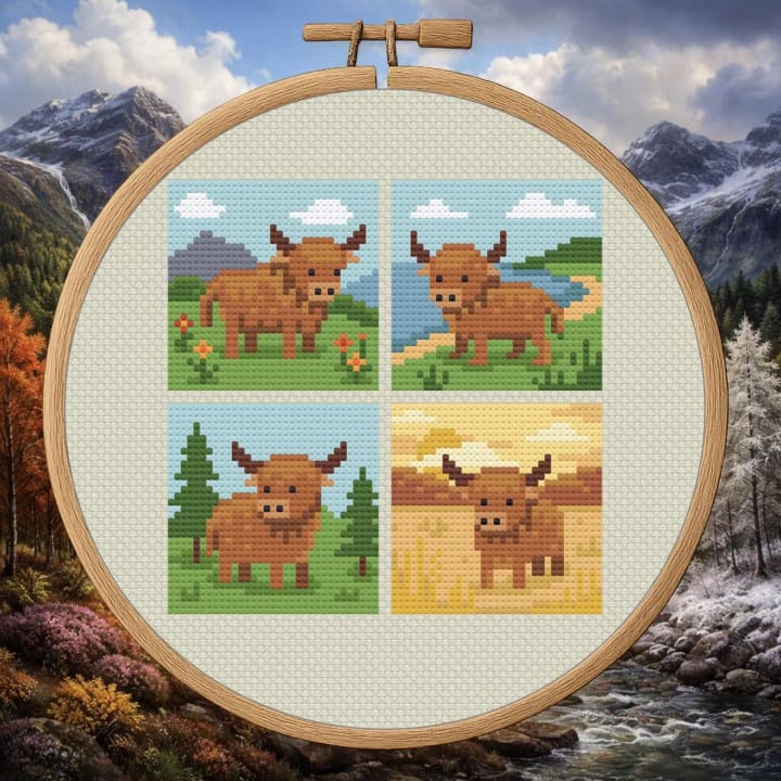 Seasonal Highland Sampler – Four‑Season Highland cross-stitch pattern preview