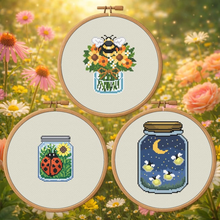 Seasonal Trio Mason Jar Bundle – Bee, Fireflies and Ladybugs cross-stitch pattern preview