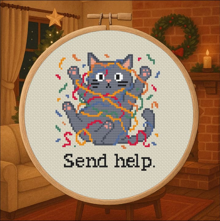 Send Help – Cat in Distress Holiday cross-stitch pattern preview