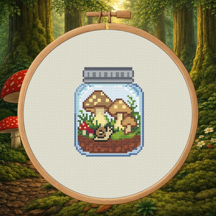 Sepia Mushroom Jar – Snail & Mushrooms cross-stitch pattern preview