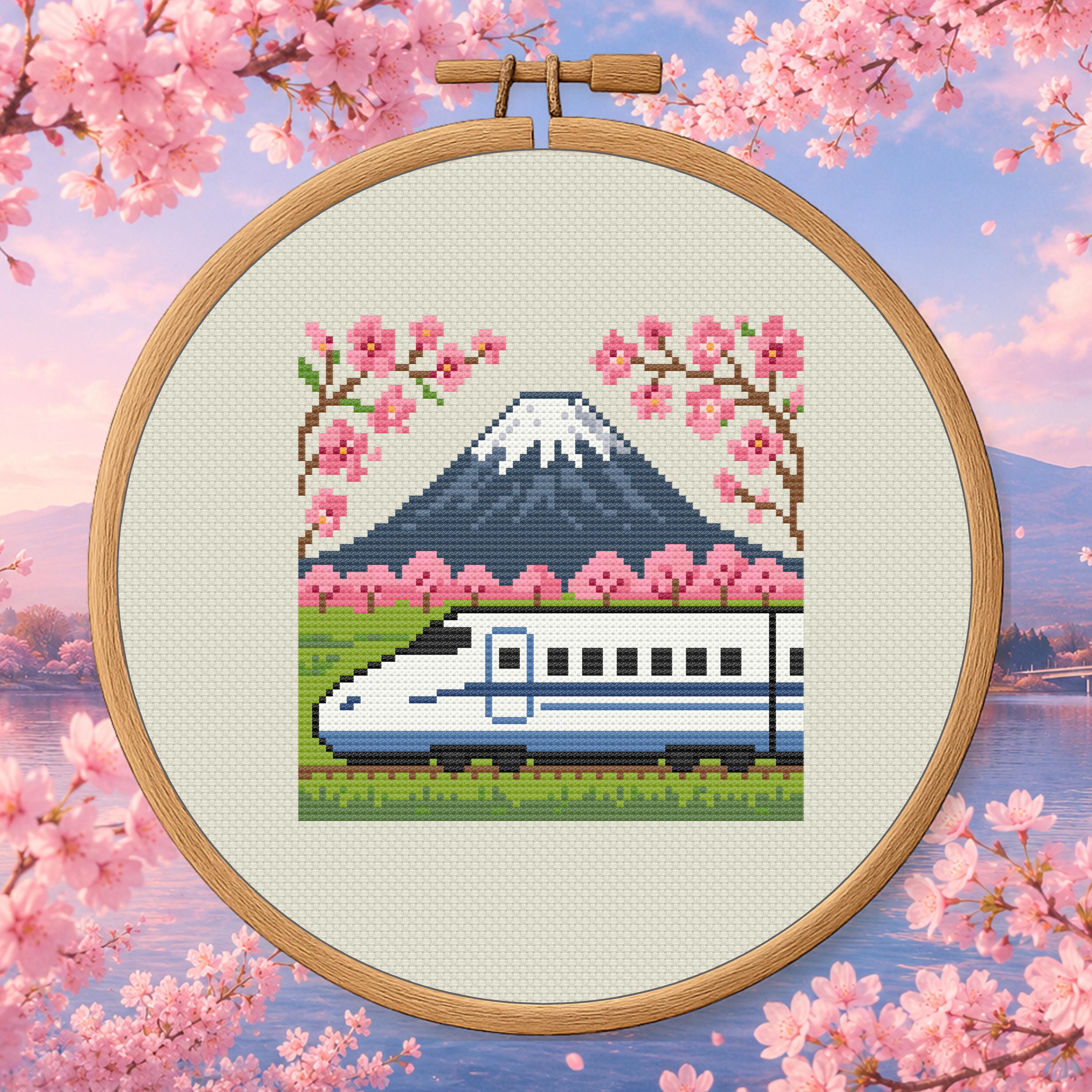 Shinkansen Spring Scene Cross Stitch Pattern PDF - Japan Train cross-stitch pattern preview