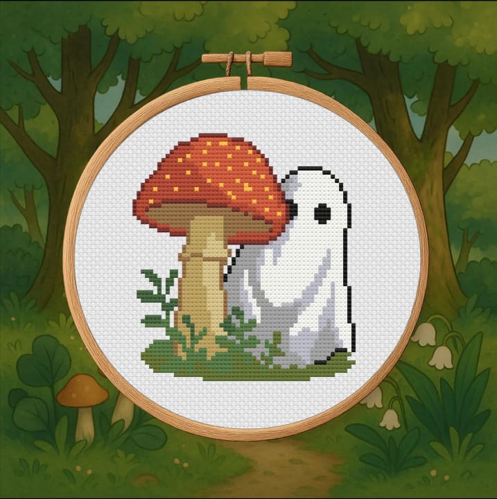 Shy Spook – Ghost & Mushroom cross-stitch pattern preview