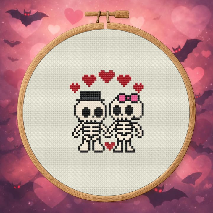 Skeleton Sweethearts – Gothic Couple Valentine cross-stitch pattern preview