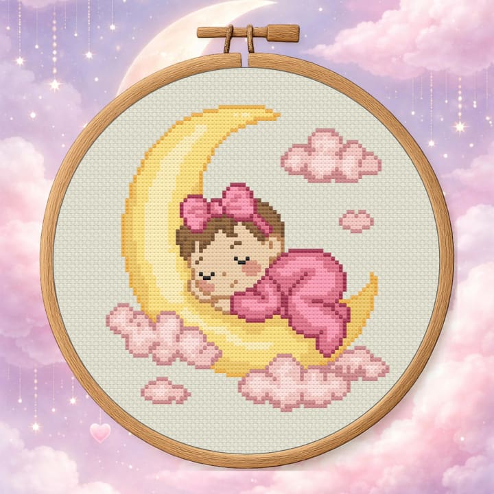 Sleeping Baby Girl Moon – Pink Nursery Dream Design cross-stitch pattern preview