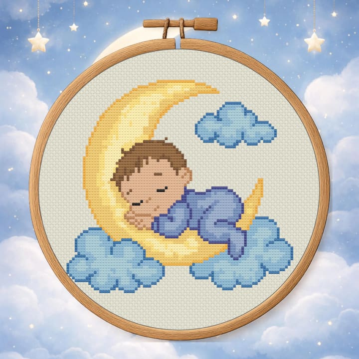 Sleeping Boy – Baby on Moon – Nursery Dream Design cross-stitch pattern preview