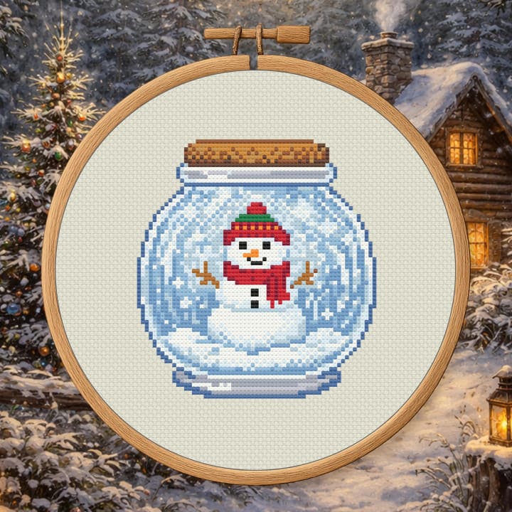 Snow Globe Jar – Winter Snowman cross-stitch pattern preview