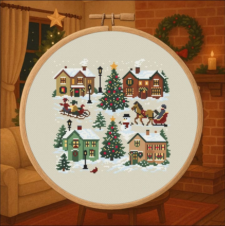 Snowy Christmas Village – Winter Village cross-stitch pattern preview