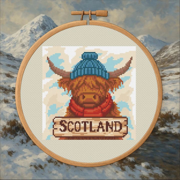Snowy Highland Cow – Scotland Winter cross-stitch pattern preview