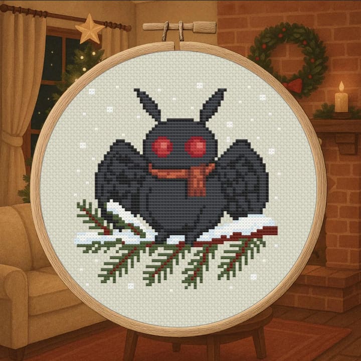 Snowy Mothman - Winter Cryptid cross-stitch pattern preview