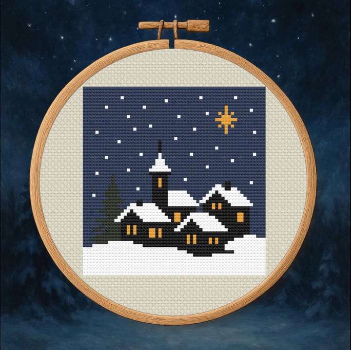 Snowy Village at Night – Winter – Starry Sky Scene cross-stitch pattern preview