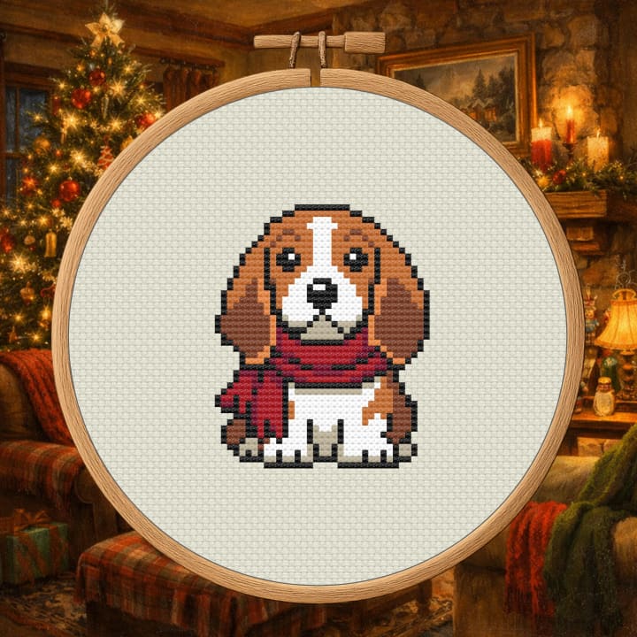 Snuggly Holiday Hound – Cozy Scarf Dog cross-stitch pattern preview
