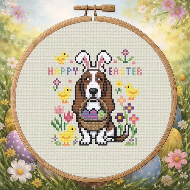 Somebunny Loves Bassets – Easter Basset Hound cross-stitch pattern preview