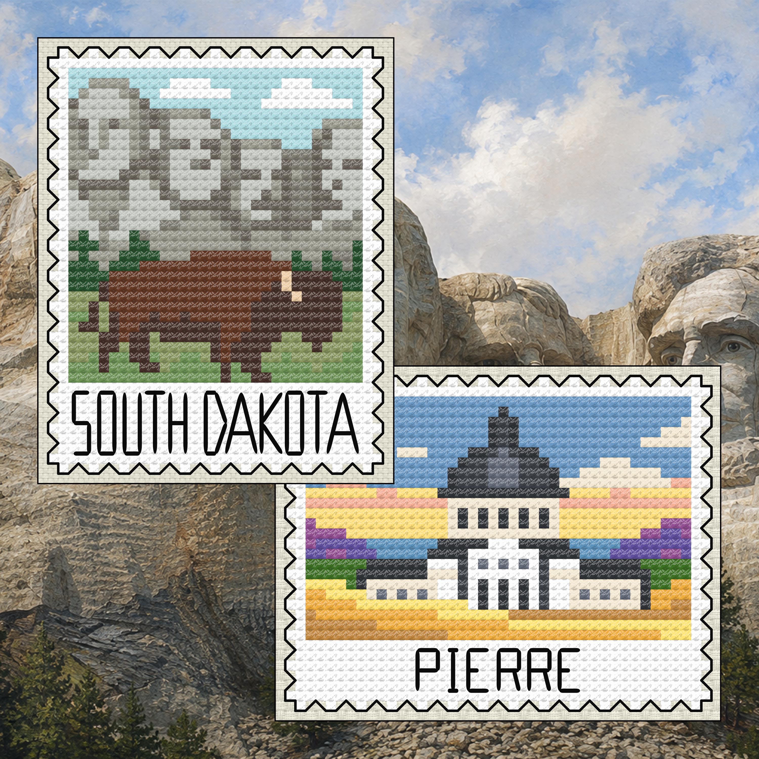South Dakota Cross Stitch Pattern Bundle: South Dakota Mount Rushmore & Bison Stamp + Pierre Capitol Sunset Set cross-stitch pattern preview