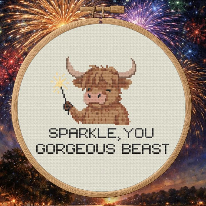 Sparkle You Gorgeous Beast – Sassy Highland Cow Quote cross-stitch pattern preview