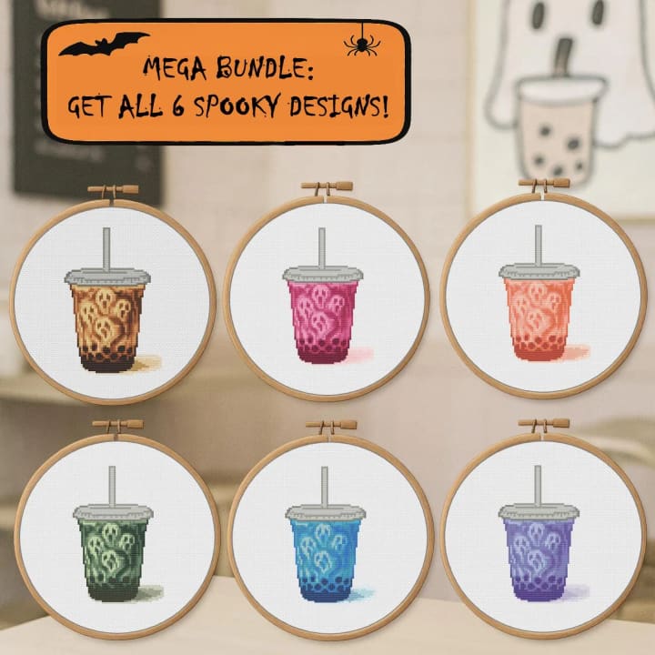 Spooky Boba: 6 Haunted Bubble Tea Designs cross-stitch pattern preview