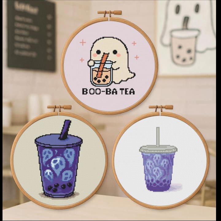 Spooky Boba Trio – Halloween Bundle cross-stitch pattern preview