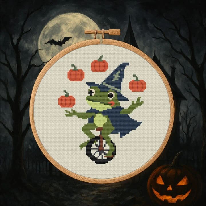 Spooky Circus Frog cross-stitch pattern preview