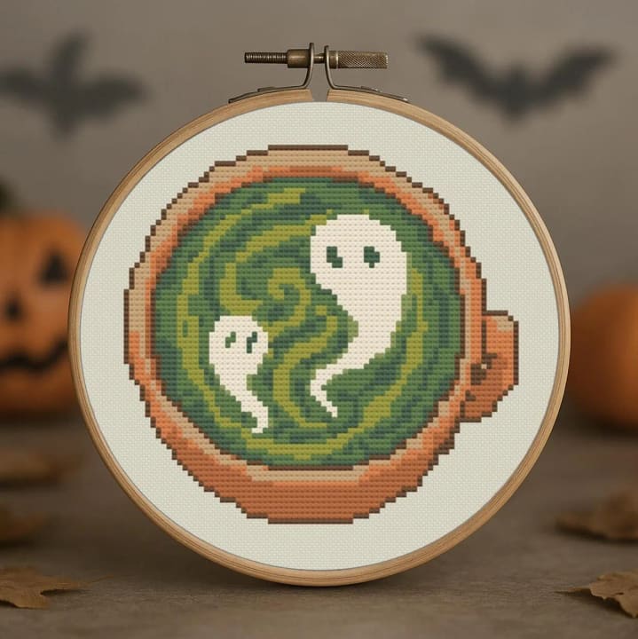 Spooky Matcha Latte: Halloween Tea Art cross-stitch pattern preview