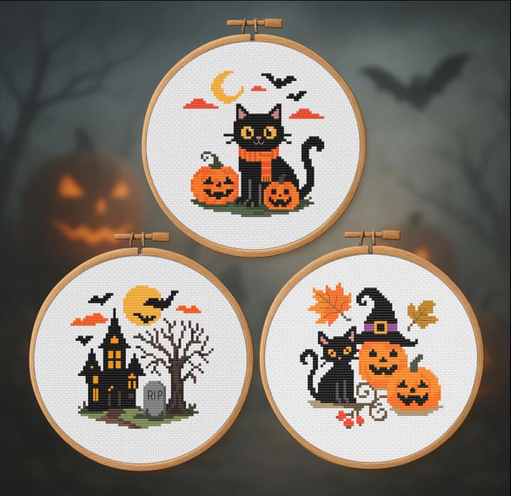 Spooky Stitch Trio – 3 Patterns – Halloween Bundle cross-stitch pattern preview