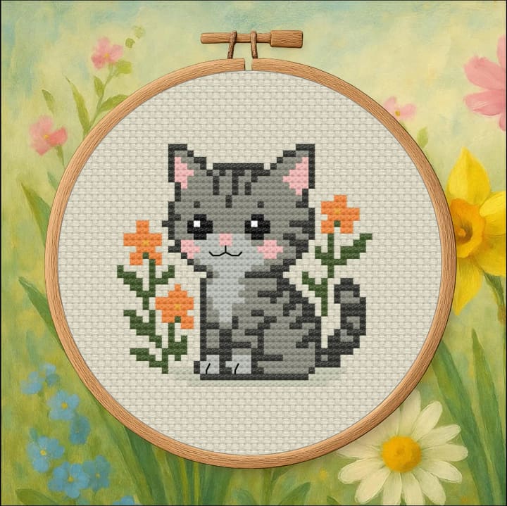 Spring Cat: Gray Tabby, Orange Flowers cross-stitch pattern preview