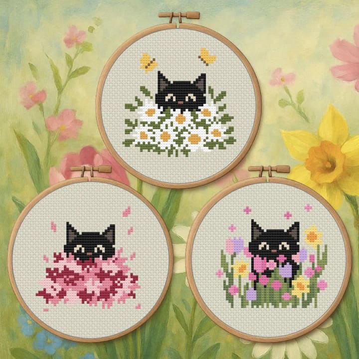 Spring Flower Cats Bundle: Daisy, Sakura, Blossom Trio cross-stitch pattern preview