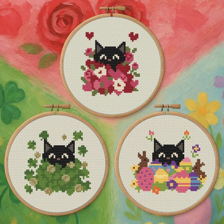 Spring Holiday Cats: Valentines, Shamrocks, Easter Trio cross-stitch pattern preview