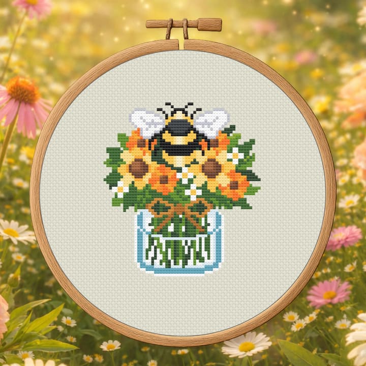 Spring Jar Bee Bouquet – Mason Jar Floral cross-stitch pattern preview