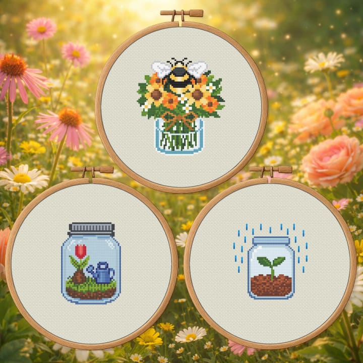 Spring Jar Trio Bundle – Bee, Seedling & Tulips cross-stitch pattern preview