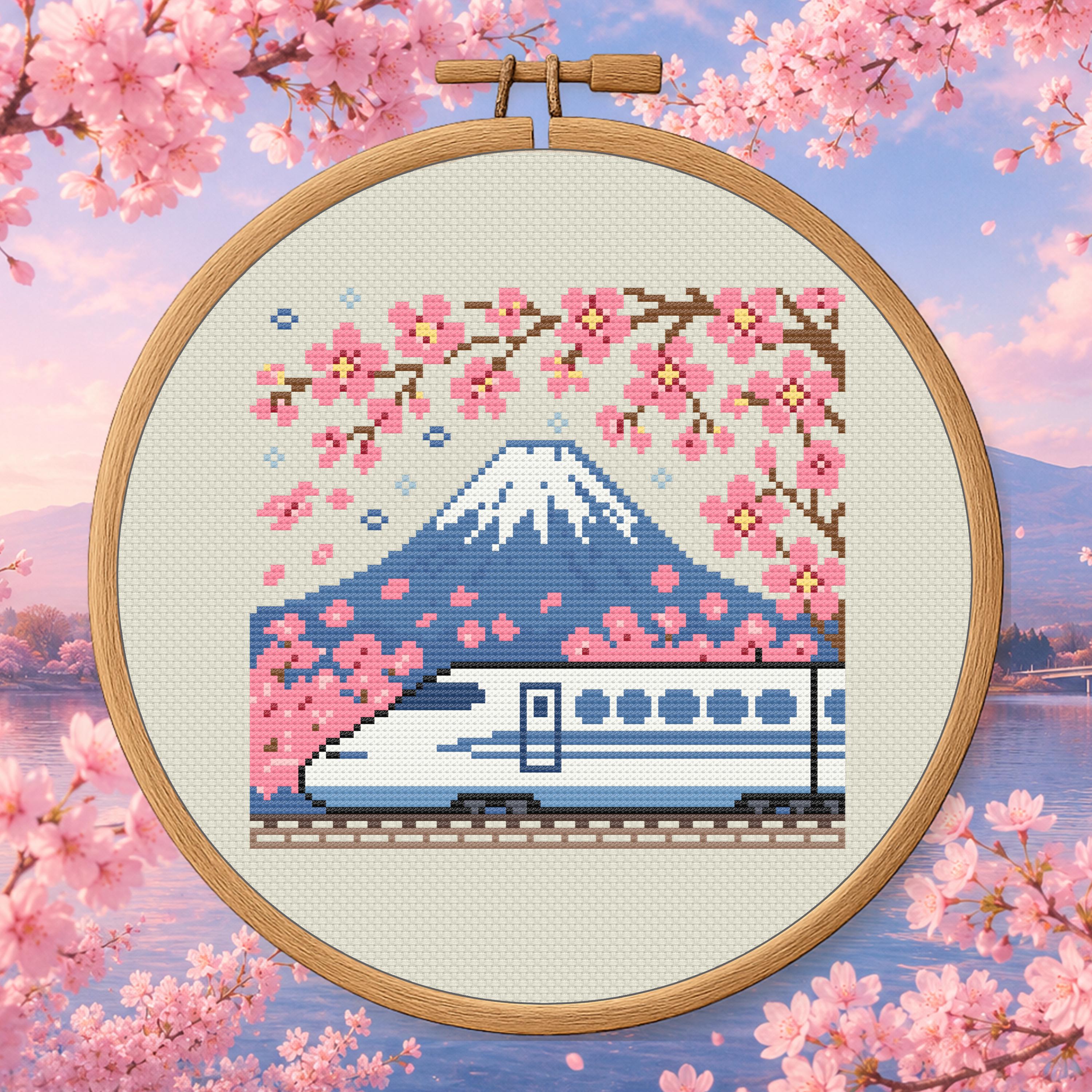 Spring Shinkansen Scene Cross Stitch Pattern PDF - Japan Train cross-stitch pattern preview