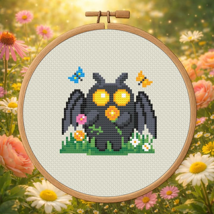 Springtime Mothman – Cute Cryptid Spring cross-stitch pattern preview