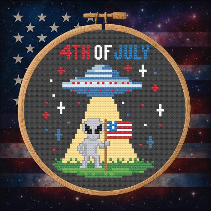 Stars, Stripes & UFO Sights – Alien – 4th of July cross-stitch pattern preview