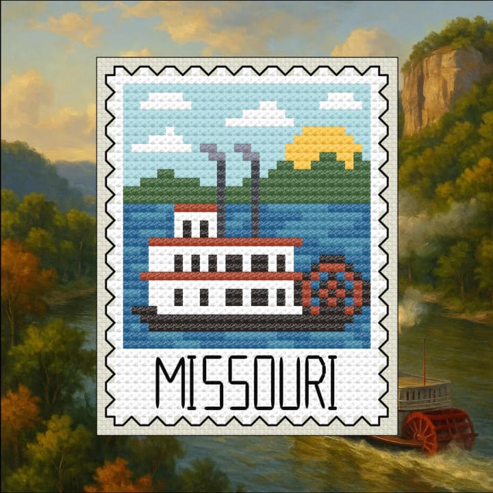 Steamboat Serenade – Missouri – US State Postage Stamp Series cross-stitch pattern preview