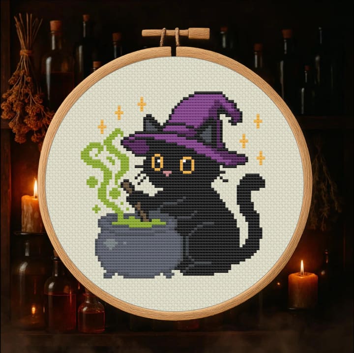 Stirring Up Magic – Black Cat Witch cross-stitch pattern preview