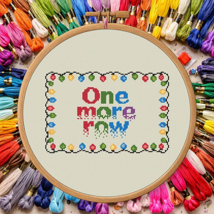 Stitcher’s Mantra: One More Row – Funny Cross Stitch Quote Pattern cross-stitch pattern preview