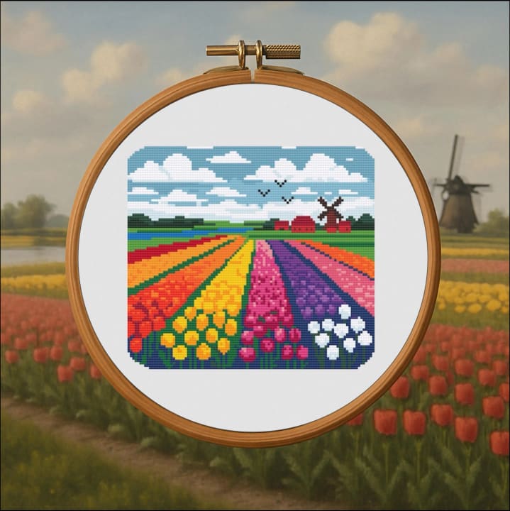 Stitching Spring in Bloom – Dutch Tulip Fields – Netherlands cross-stitch pattern preview