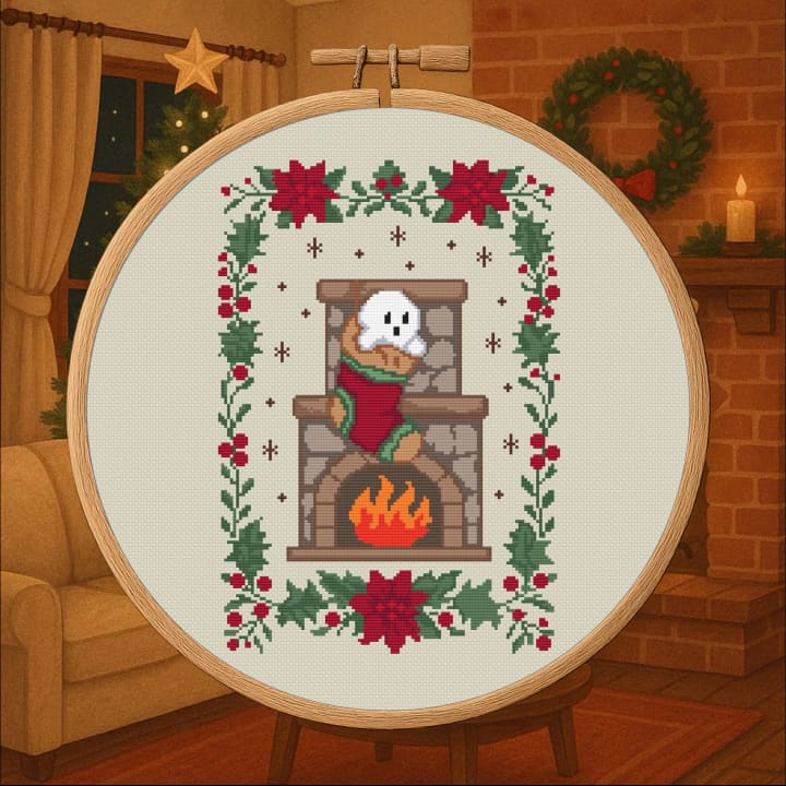 Stocking Stuffer Spirit – Festive Stocking Ghost cross-stitch pattern preview