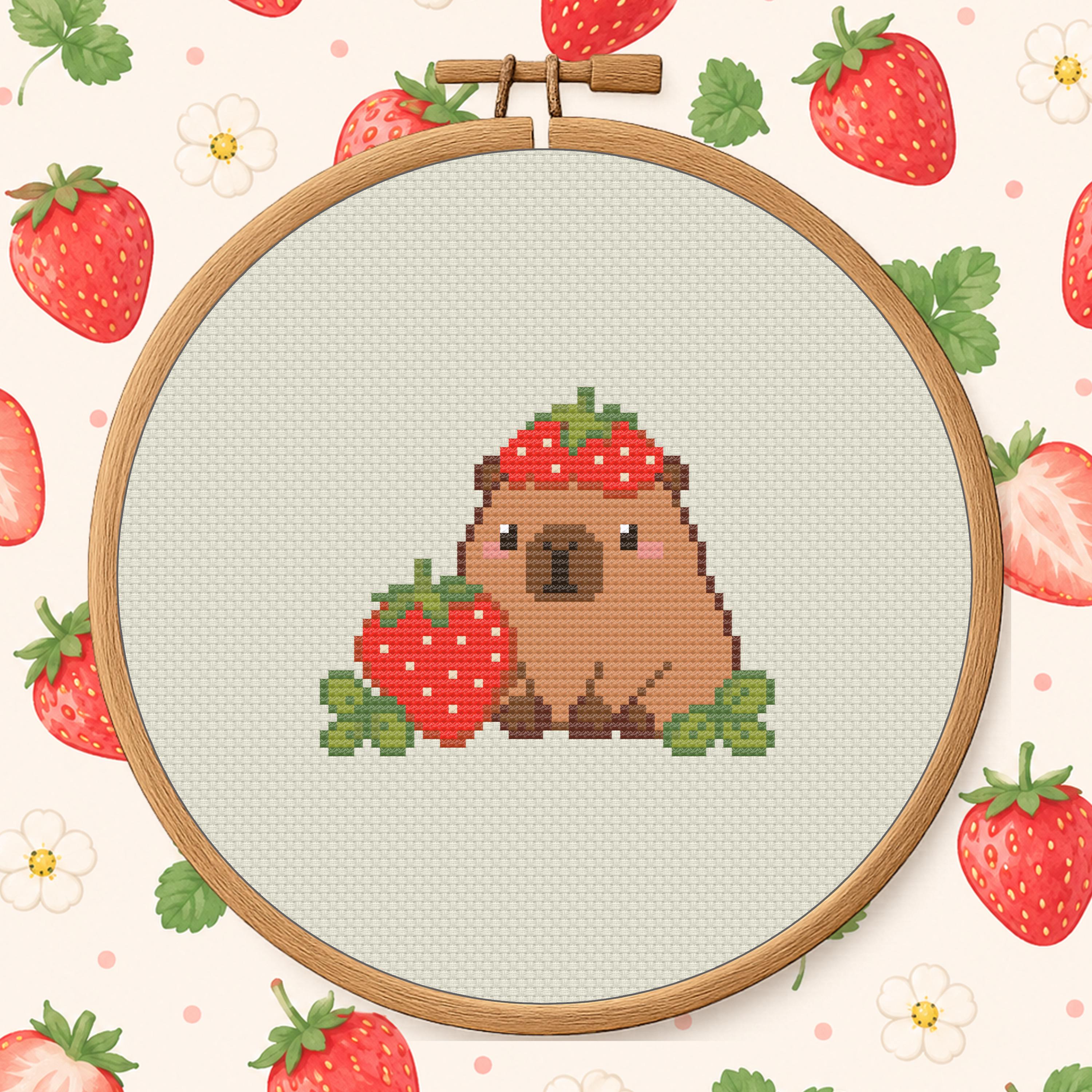 Strawberry Capybara Cross Stitch Pattern PDF - Cute Food Animal Mini cross-stitch pattern preview