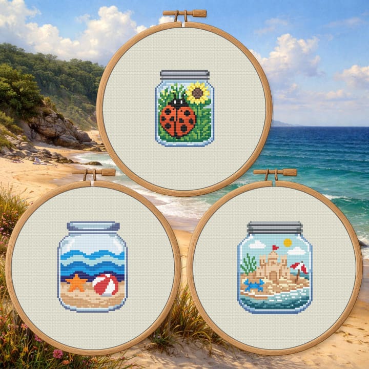 Summer Jar Bundle – Beach, Ladybug, Sandcastle cross-stitch pattern preview