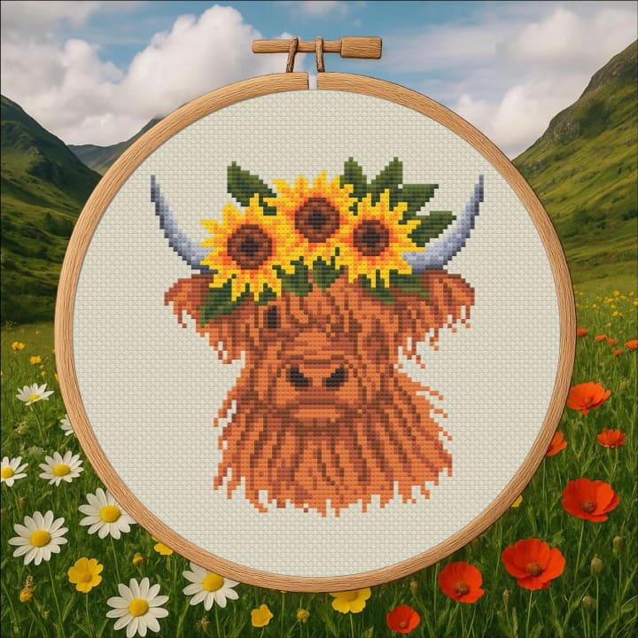 Sunflower Highland Cow – Floral Scottish Cow cross-stitch pattern preview