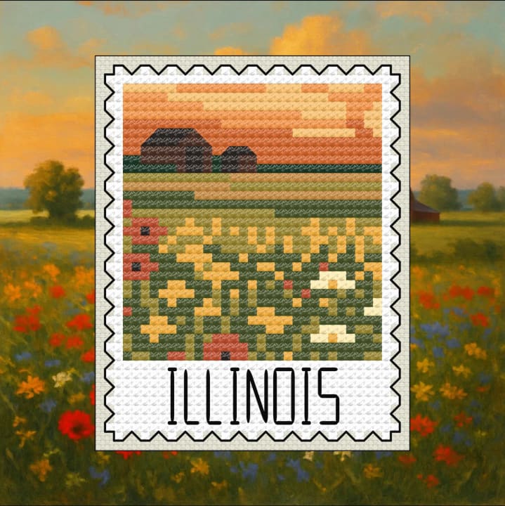 Sunset Prairie – Illinois – US State Postage Stamp Series cross-stitch pattern preview