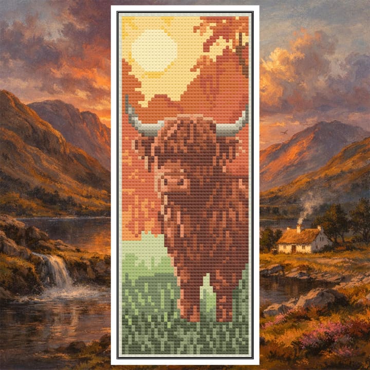 Sunset Sentinel of the Glen – Highland Cow Sunset cross-stitch pattern preview