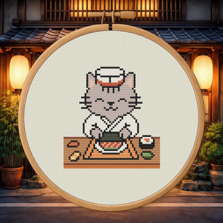 Sushi Chef Cat – Kawaii Kitty Foodie Embroidery cross-stitch pattern preview