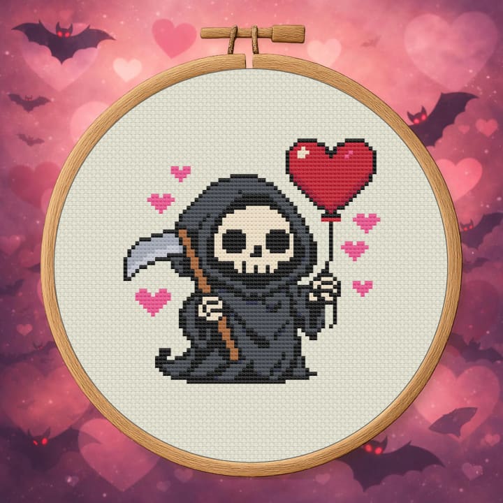 Sweetheart of the Underworld – Grim Reaper Valentine cross-stitch pattern preview