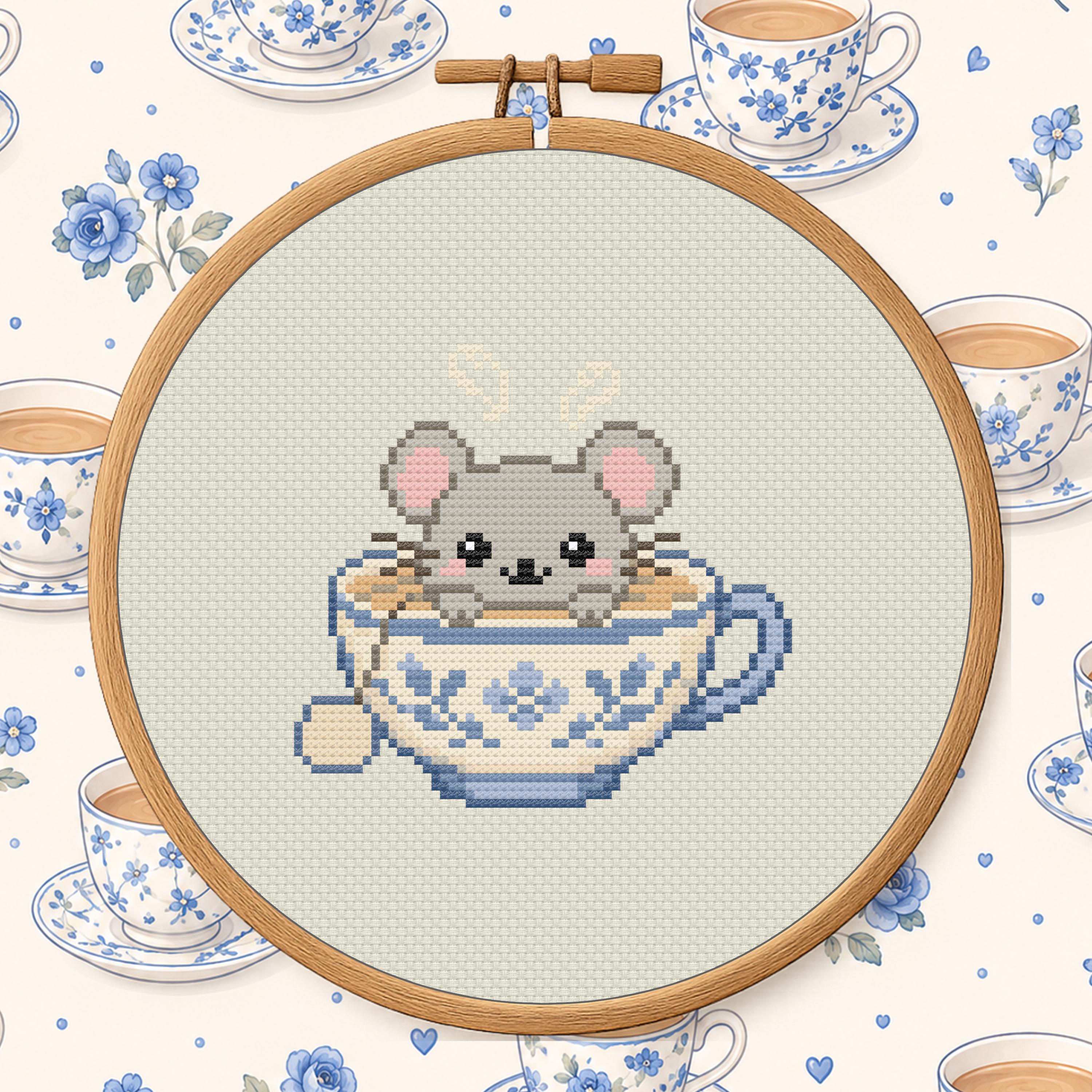 Tea Mouse Cross Stitch Pattern PDF - Cute Food Animal Mini cross-stitch pattern preview
