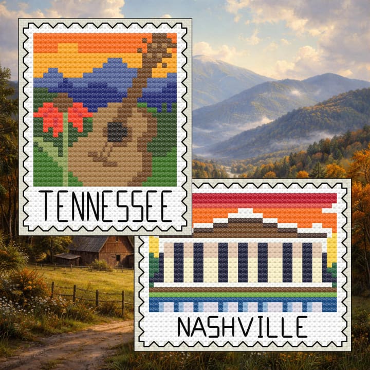 Tennessee Cross Stitch Bundle: Tennessee Threads + Nashville Parthenon Stamp cross-stitch pattern preview